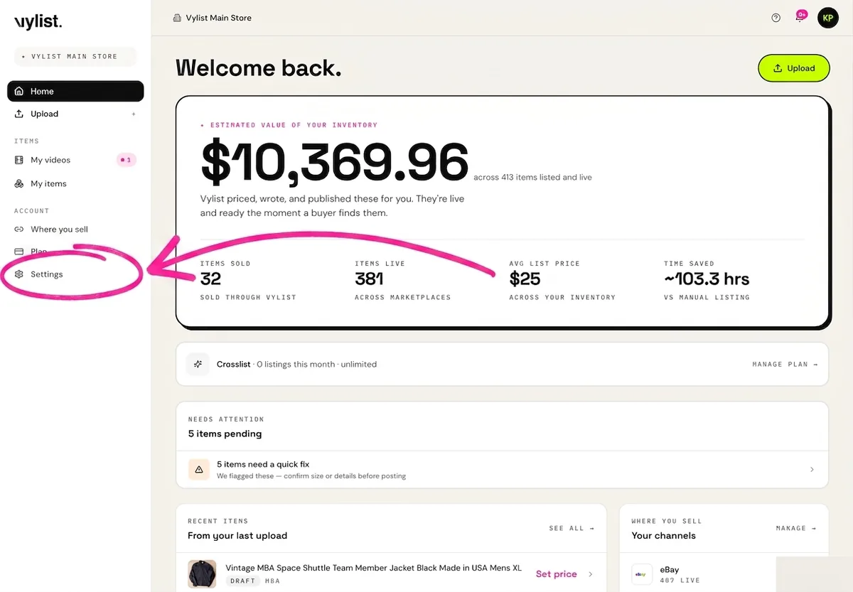 The Vylist dashboard with a hand-drawn pink circle around Settings at the bottom of the left sidebar and an arrow pointing to it.