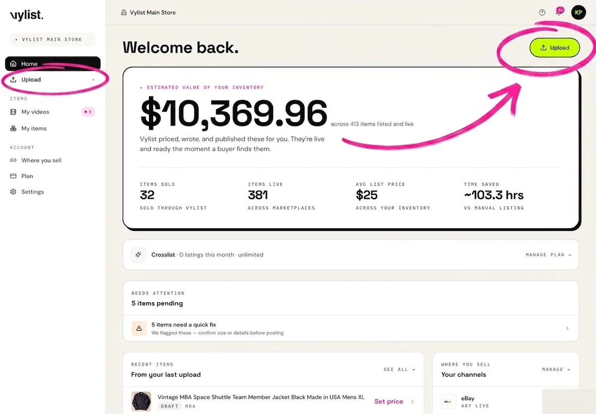 The Vylist dashboard with hand-drawn pink circles around the green Upload button in the top right and the Upload item in the sidebar, with an arrow pointing at the button.