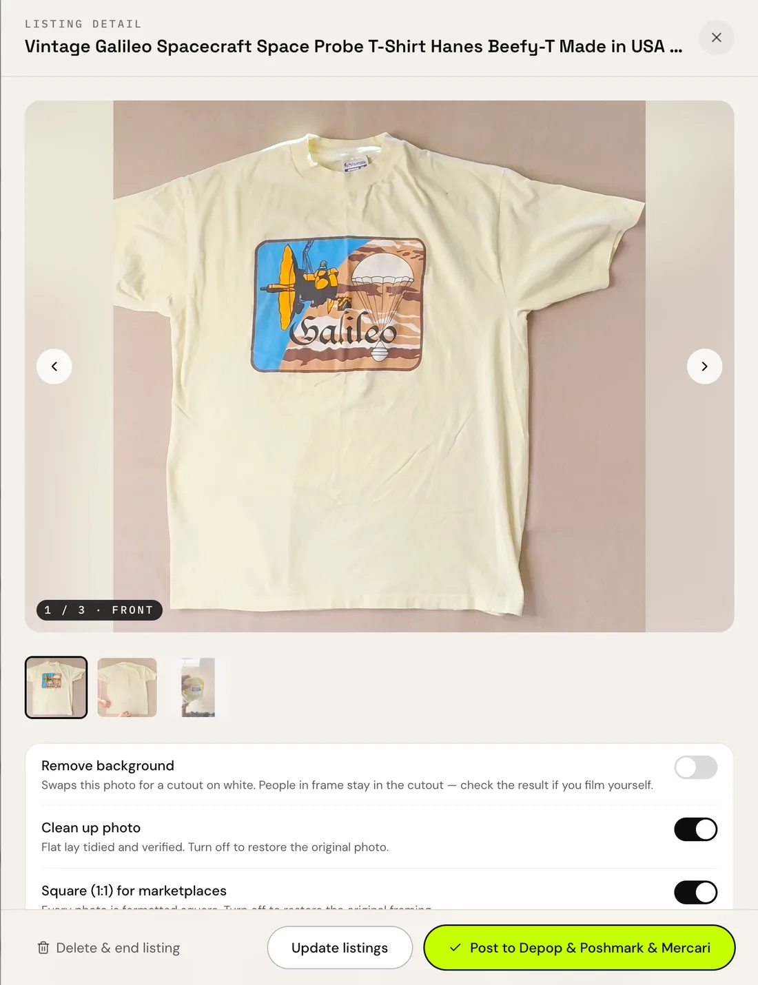 The listing editor open on a real listing: a vintage Galileo Spacecraft t-shirt, with the photo carousel labeled front and the photo toggles below.