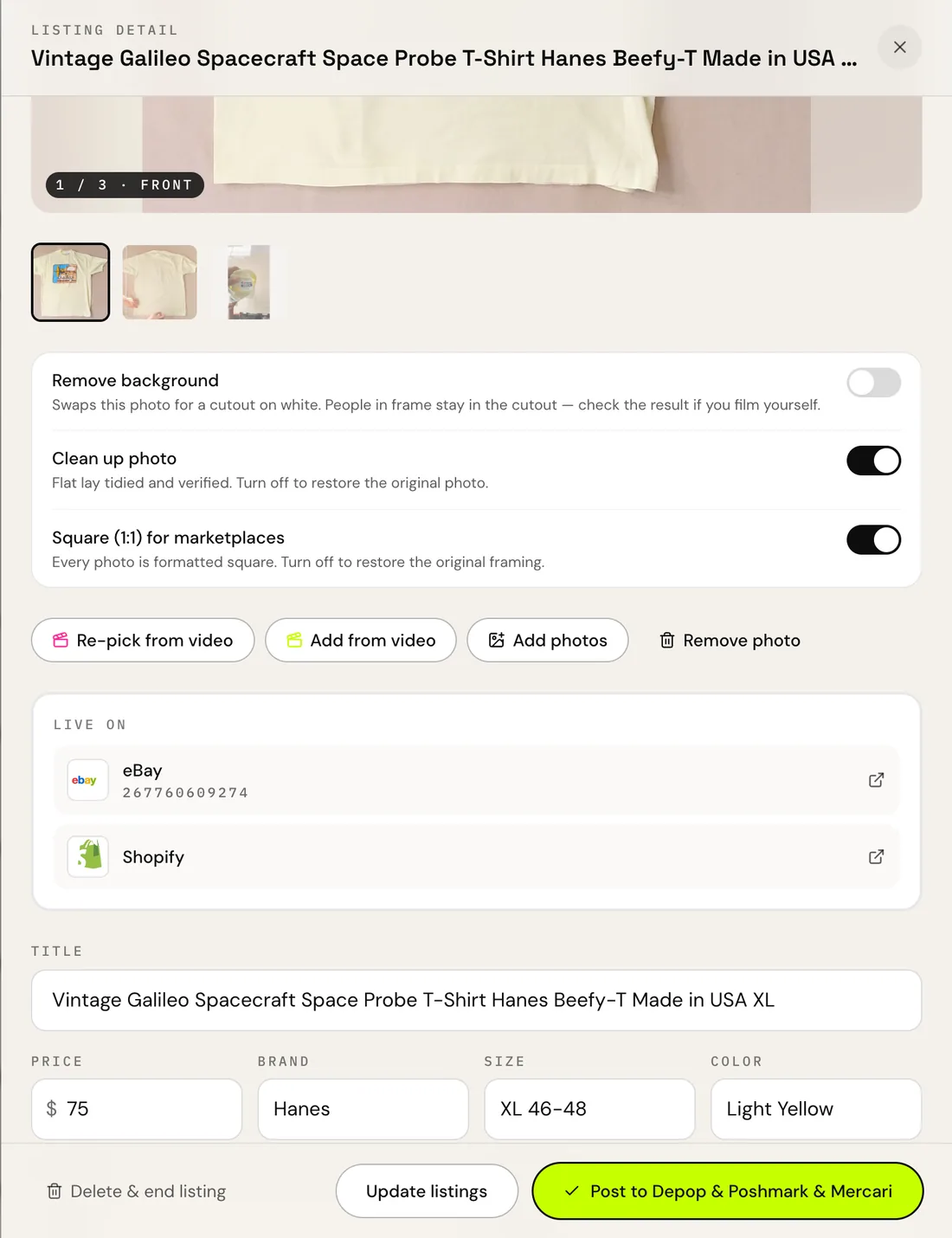 The same three toggles inside the editor on the Galileo tee — Clean up photo and Square are on — above the Re-pick from video, Add from video, Add photos, and Remove photo buttons.