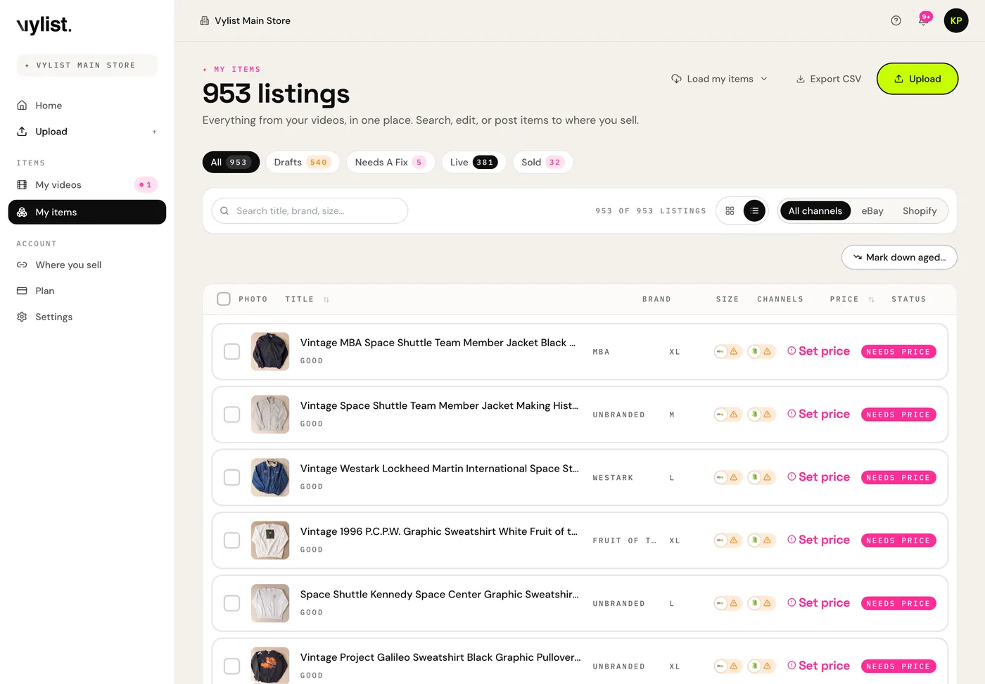 The My items page: 953 listings from every video in one place, with drafts, needs-a-fix, live, and sold filters.