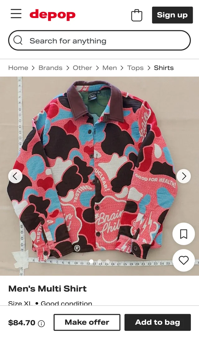 The same camo shirt live on Depop's mobile site, with Make offer and Add to bag buttons.