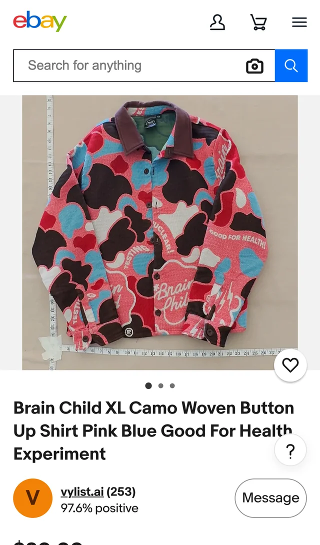 The Brain Child camo woven shirt live on eBay's mobile site, listed by seller vylist.ai.
