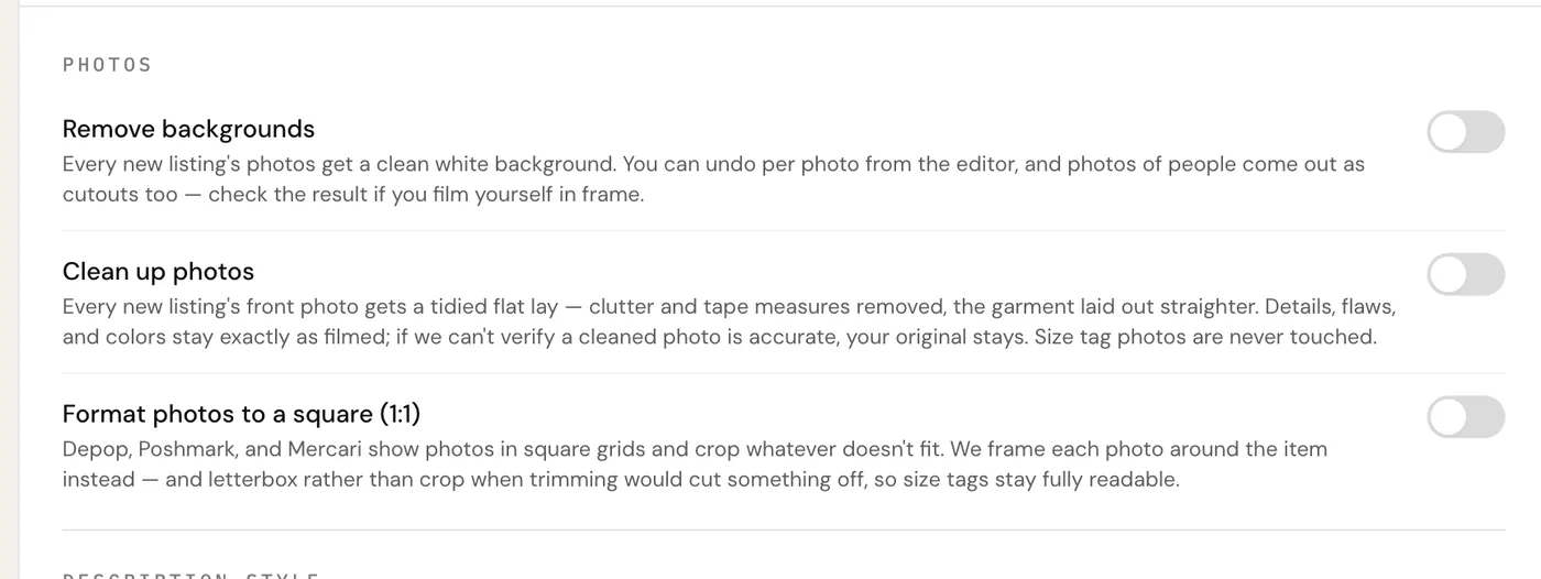 The three photo defaults in Settings: Remove backgrounds, Clean up photos, Format photos to a square.