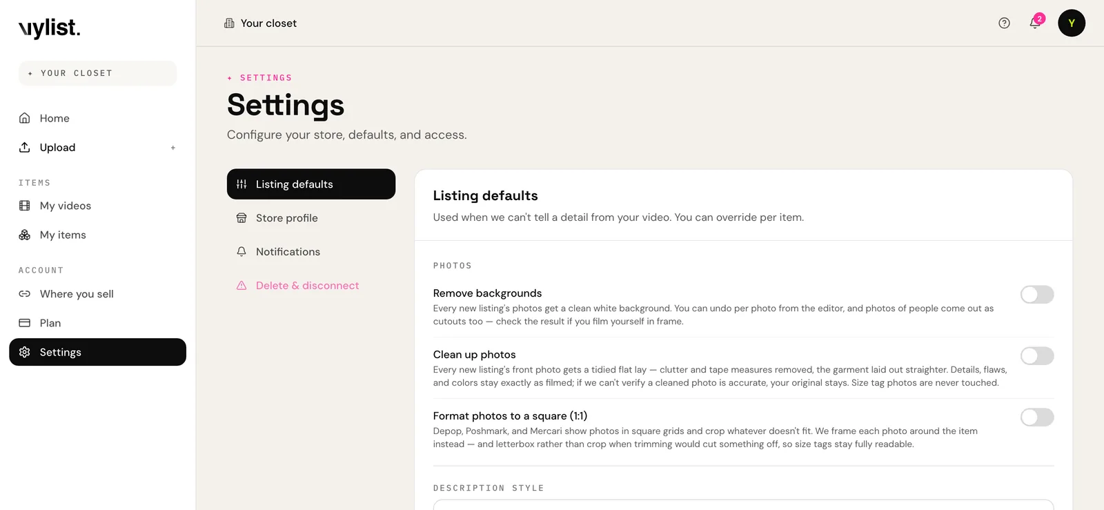 The Vylist settings page open on the Listing defaults tab, showing the three photo toggles: Remove backgrounds, Clean up photos, and Format photos to a square.
