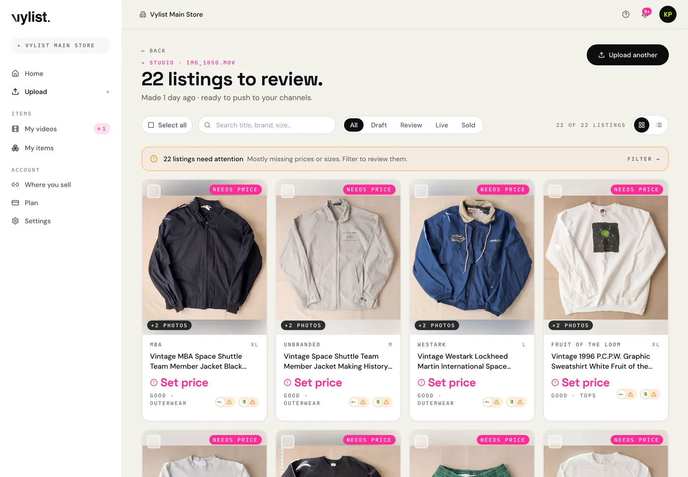 A real video's studio in Vylist: 22 listings made from one walkthrough video, vintage jackets and sweatshirts, each flagged Needs Price.