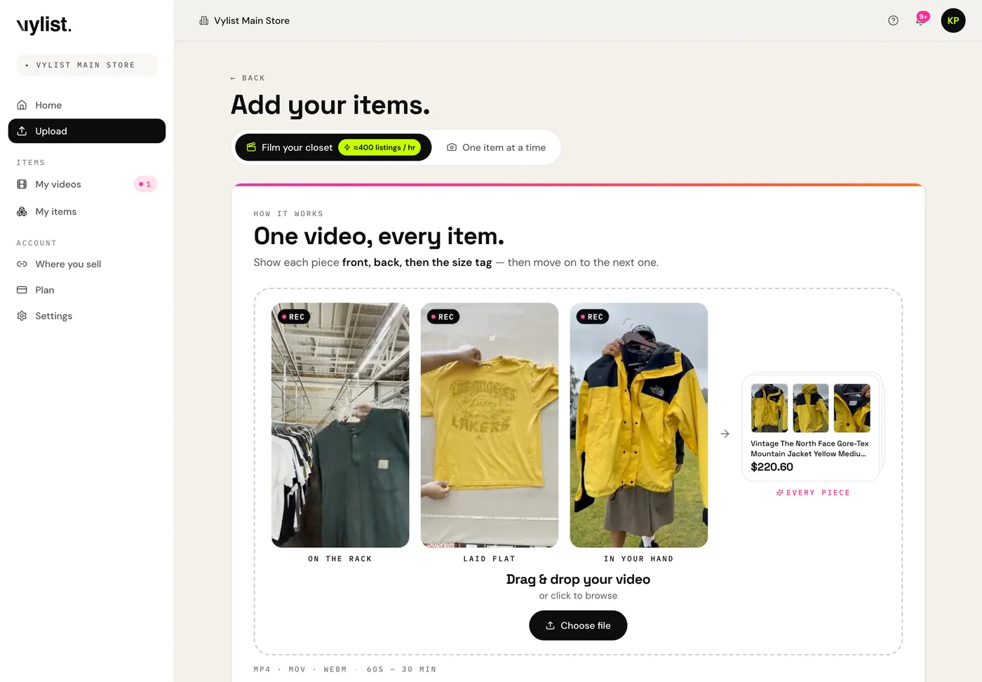 The upload page: Add your items, with Film your closet and One item at a time modes, three example recordings, the drag-and-drop zone, and the Choose file button.